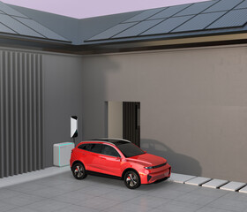 Red electric SUV(Generic design) charing at home garage. Power by solar energy. 3D rendering image.
