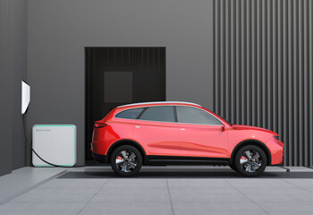 Obraz na płótnie Canvas Side view of red electric SUV(Generic design) charing at home garage. 3D rendering image.