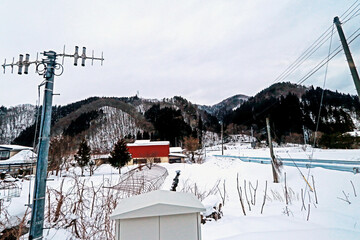 View of Nature and architecture near the railway of winter season in Japan 