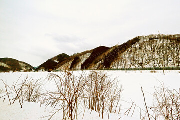 Fototapeta premium View of Nature and architecture near the railway of winter season in Japan 