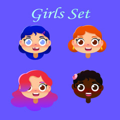 Vector cartoon set of different girls with different accessories 