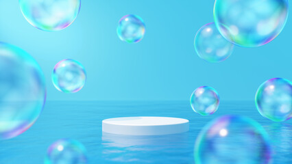 水面にシャボン玉が複数ある空間。白い円柱の台座。
