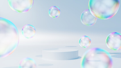 白い背景にシャボン玉が複数ある空間。白い円柱の台座。
