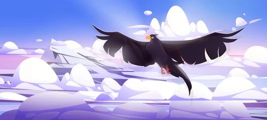 Foto auf Leinwand Black raven fly above high mountains top and clouds. Vector cartoon illustration of rocks peak landscape with snow, ice, soft clouds and flying crow, wild bird with spread wings © klyaksun