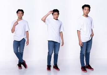 Full length of Asian Teenager Boy, looking at camera, wear white shirt jean pant sneaker.