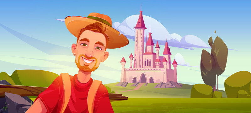 Tourist taking photo at pink ancient castle travel landmark. Young man posing for selfie at landscape with palace visiting sightseeing in journey on summer holidays tour, Cartoon vector illustration