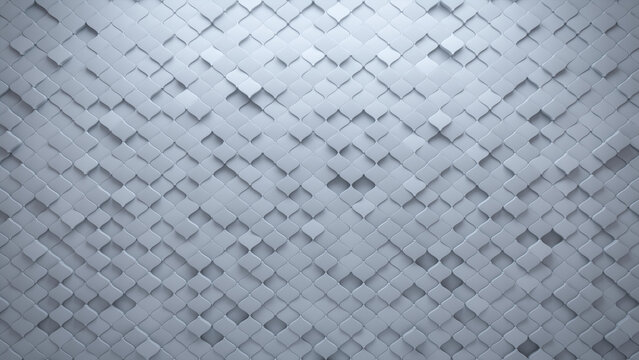 White, 3D Wall background with tiles. Futuristic, tile Wallpaper with Polished, Arabesque blocks. 3D Render