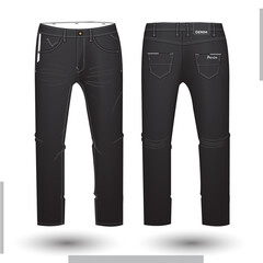 Denim pant design and mockup. Men's trousers technical fashion illustration. Denim pant technical sketch for tech pack design front and back view with denim pocket