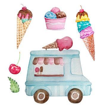 Watercolor set of ice cream and ice cream bus..