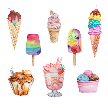Watercolor set of different ice cream.