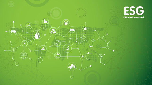 ESG icons for Environment Social and Governance on network connection. Sustainable business or green business vector illustration background 