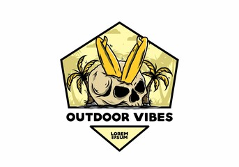 Surfing board stuck in human skull illustration