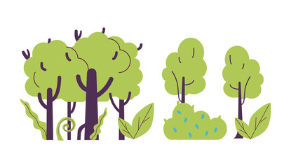 Cartoon green trees and bushes, flat vector illustration isolated on white background. Spring or summer plants.