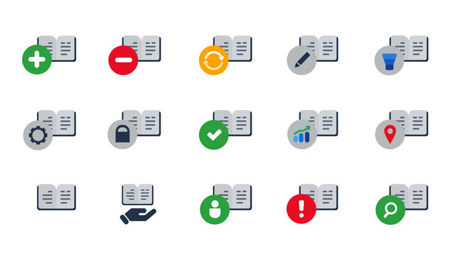 Book publish reading library study education icon set collection isolated graphic