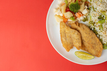 Meal - Fish fillet, rice with broccoli, beans, vegetables in butter and salad