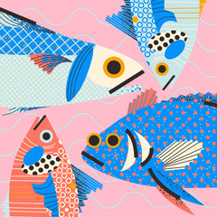 Stylish illustration of fresh fish in a cartoon flat style
