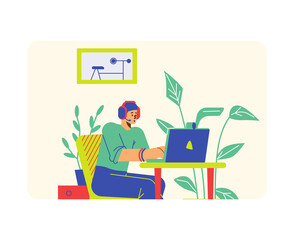 Outsourcer or freelancer working on laptop sitting at table flat vector isolated.