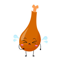 Vector illustration of chicken thigh with cute expression, chicken thigh isolated on white background, simple minimal style,  mascot collection, emoticon. sad, cry