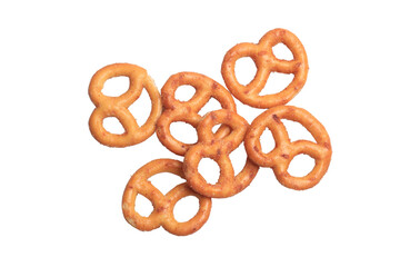 Freshly baked homemade soft pretzel with salt on white background