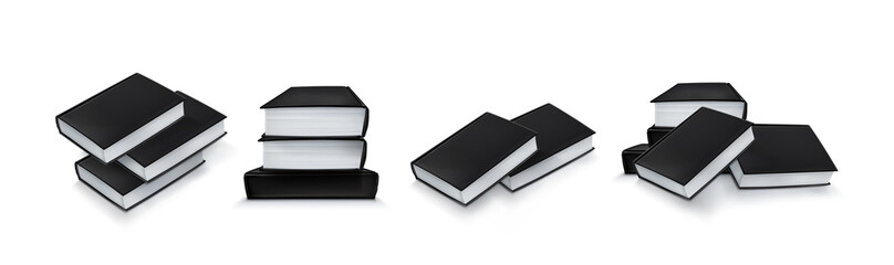 Stack of blank paper book with black cover. Vector realistic mock up of 3d pile or heap of lying closed catalog, big textbook, diary or dictionary with empty hardcover