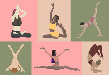 Set of woman in yoga pose, healthy style, modern digital art, faceless girl character