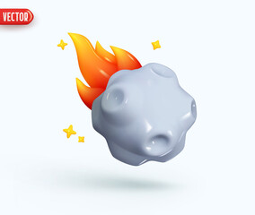Abstract minimal comet icon. Flying asteroid with fire. Meteorite flies and plume of fire. Meteor stone. Realistic 3d design In plastic cartoon style. Vector illustration © lauritta