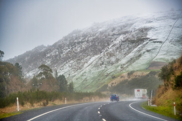 New Zealand road across Tongariro National Park during a snow storm