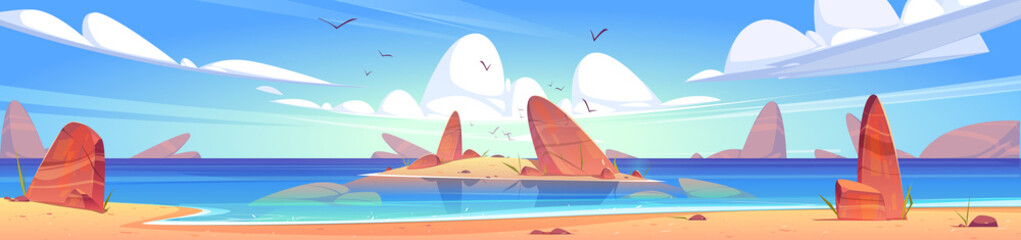 Sea beach landscape with stones and small sand island in water. Vector cartoon illustration of panorama of ocean or lake coast with rocks, seagulls and clouds in sky © klyaksun