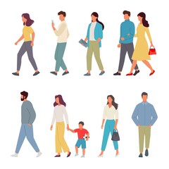 walking people. male an female urban characters in casual clothes moving vector illustration in flat style