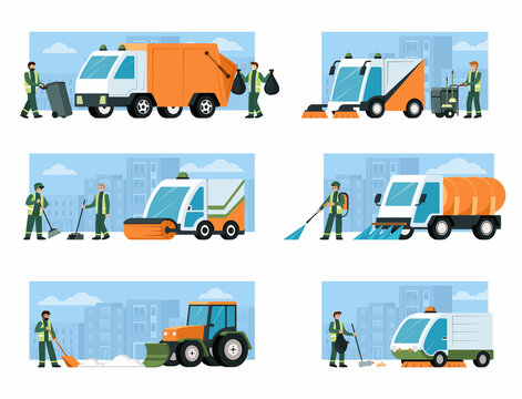 urban cleaning transport. trucks tractors heavy machines for cleaning services in city vector pictures of transport