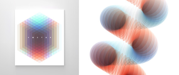 Fototapeta premium Spiral and hexagon. Abstract geometric design. 3d vector illustration made of various overlapping elements. Applicable for banners, placards, posters or flyers.