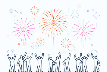people watching fireworks illustration: celebration festival event background. Editable vector human icons