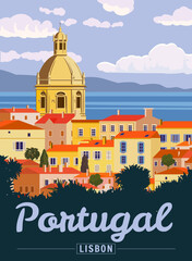 Travel Poster Poster Lisbon, Vintage. Portugal cityscape landmark, sea, sunset sky. Vector illustration - obrazy, fototapety, plakaty