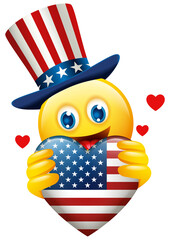 Emoticon face wears Uncle Sam hat holding the heart shape of USA insignia