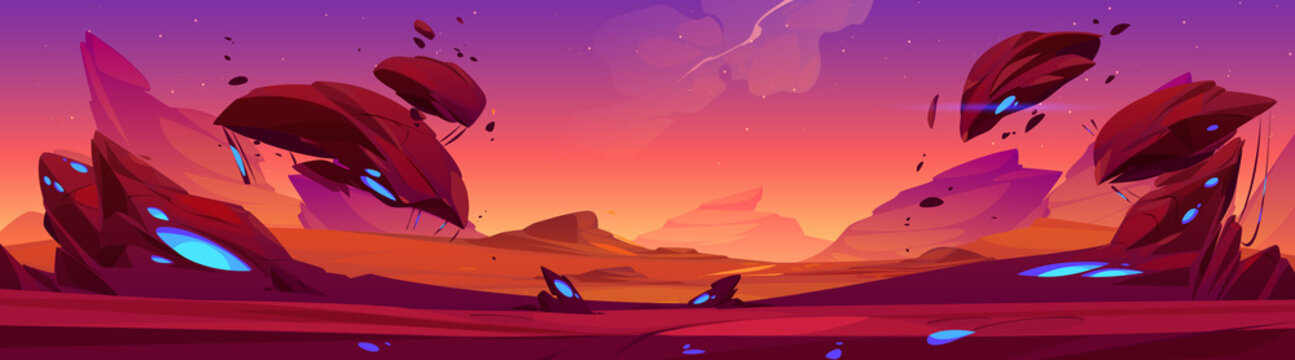 Fantastic landscape of alien planet with rocks, flying stones and glowing blue spots. Vector cartoon fantasy illustration of cosmos and planet surface panorama for space game background