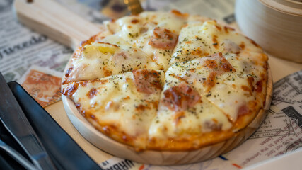 Fresh Homemade Italian Pizza Margherita, Slice of hot pizza large cheese breakfast, lunch ,dinner crust seafood meat topping sauce. fast food italian traditional on wooden board table