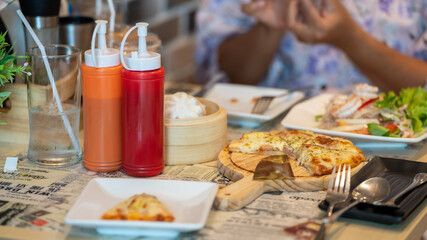 Fresh Homemade Italian Pizza Margherita, Slice of hot pizza large cheese breakfast, lunch ,dinner crust seafood meat topping sauce. fast food italian traditional on wooden board table