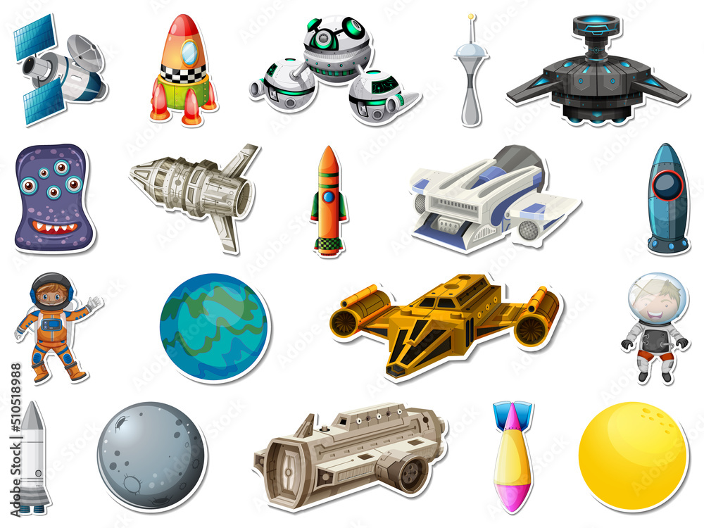 Wall mural sticker set of outer space objects and astronauts