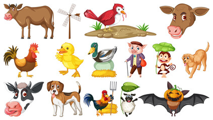 Obraz premium Many farm animals on white background