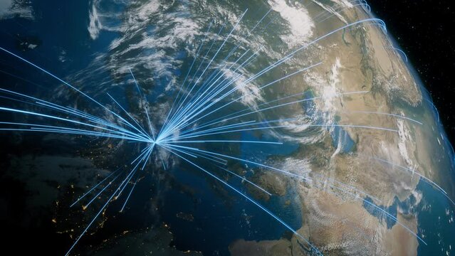 Earth in Space. Blue Lines connect Munich, Germany with Cities across the World. Worldwide Travel or Communication Concept.