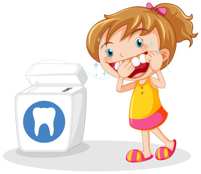 Cute girl cartoon character flossing teeth