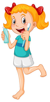 Cute girl cartoon character brushing teeth