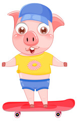 Cute pig cartoon character playing skateboard
