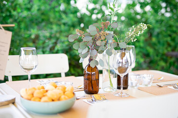 table, table decorations, decor, dinner party table, decoration, wedding, restaurant, set, composition, catering, wedding table setting, party at garden, arrangement, banquet, bouquet, celebration, de