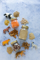 Cereal grains, seeds, beans in jars