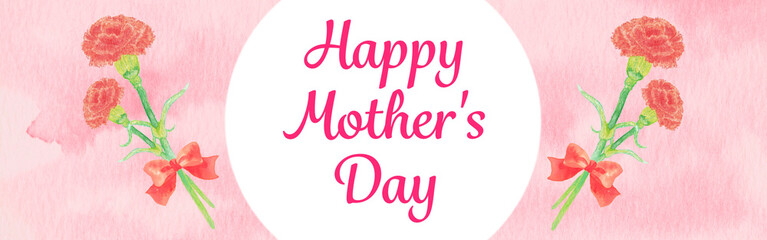 イラスト素材：水彩絵の具で手描きした母の日のカーネーション　バナー/複数リボン付き
