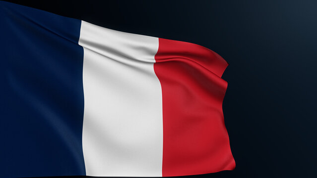 France flag. Paris sign. European country. French tricolor official national symbol of celebration of Bastille Day, July 14. Realistic 3D illustration with cotton texture isolated on dark.
