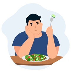 A sad  man is sitting at the table with a plate of salad. The concept of weight loss and diet. Vector illustration