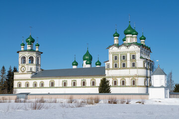 The ancient church of John the Theologian with the refectory Church of the Ascension of the Lord (1698) in the Nikolo-Vyazhishchi monastery on a sunny March day. Novgorod region. Russia