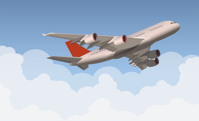 Airliner takes off into the sky, summer vacation time. Vector.